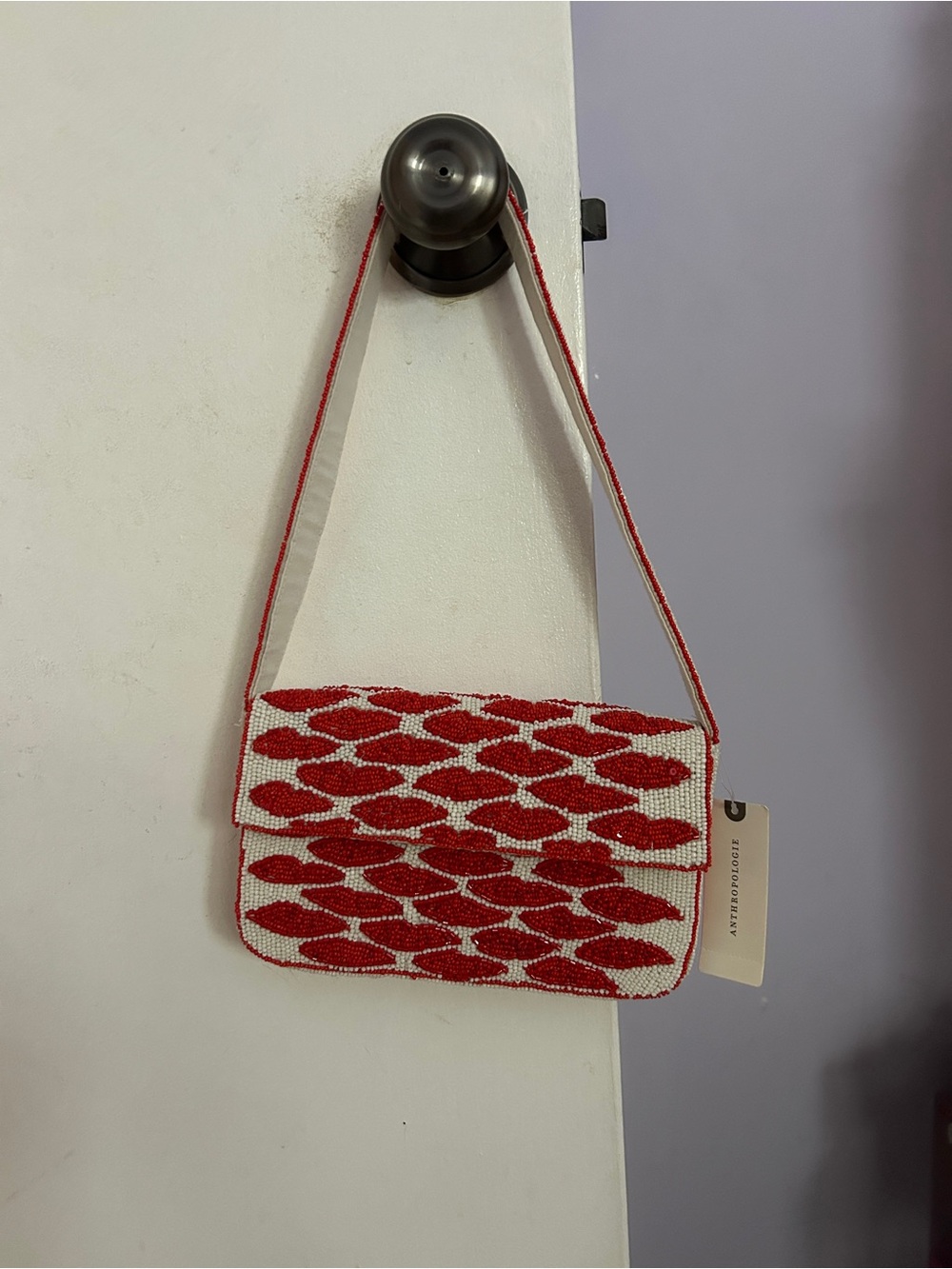 Anthropologie Red & White Beaded Shoulder Bag